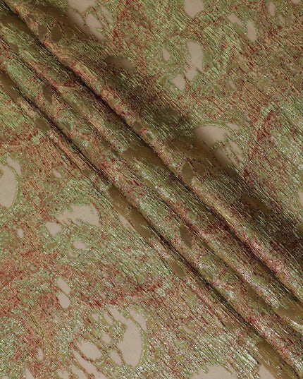 Olive green silk organza fabric with maroon and neon green metallic jacquard in fancy design-D14029 Regal Fabrics
