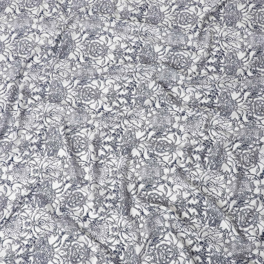 White Premium Italian viscose fabric with blue print in floral design-D12526