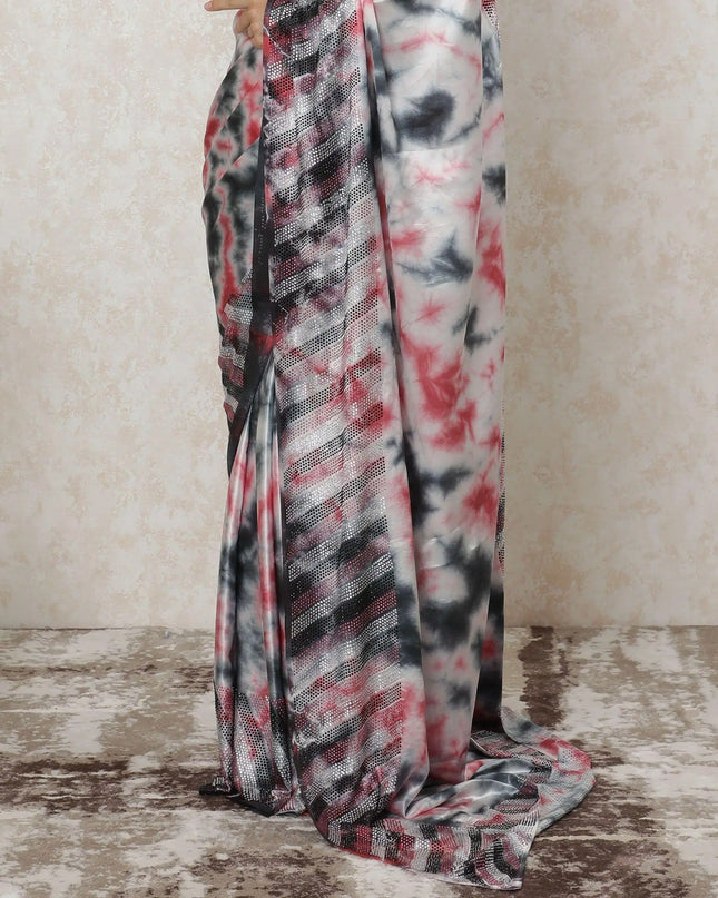 Pearl white Premium Pure silk satin saree with tie and die multicolor print having stone work in batik design-D12567 Regal Fabrics