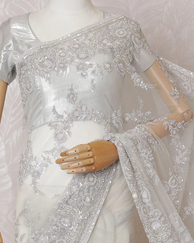 White Premium tulle saree with same tone embroidery having lavender sequin work and bead work in floral design-D15584 Regal Fabrics