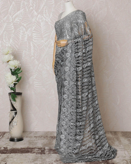 Black, silver Premium pure French metallic chantilly lace saree having stone work in floral design-D14620