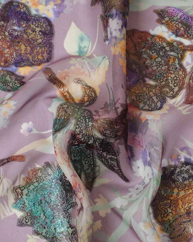 قماش شيفون حريري نقي فاخر باللون الأرجواني المنقط مع طباعة متعددة الألوان ولوريكس معدني بتصميم زهور-D13236