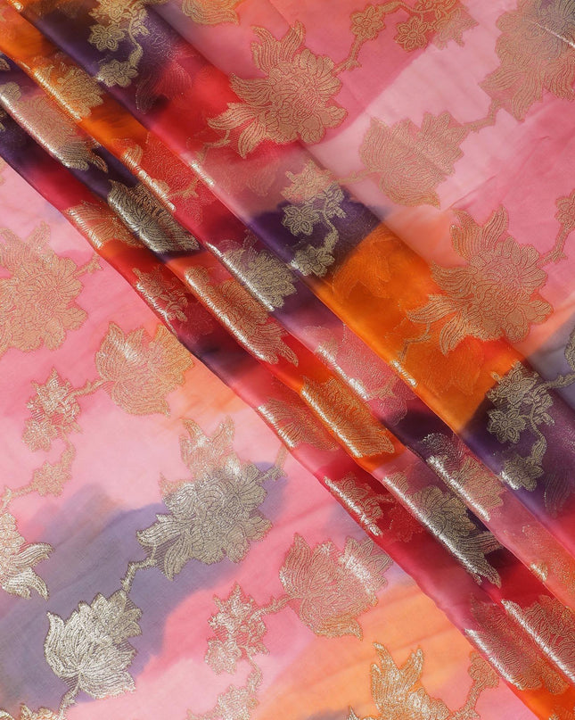 قماش شيفون حريري فرنسي (فرنساوي) فاخر متعدد الألوان مع لوركس معدني ذهبي بتصميم زهور-D14004