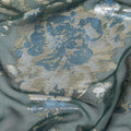 Bottle green premium pure silk chiffon fabric with baby blue viscose and gold metallic lurex in floral design-D12518 Regal Fabrics