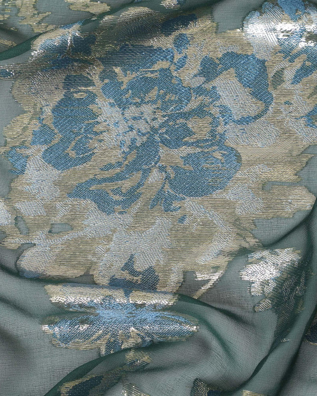 قماش شيفون من الحرير الخالص الفاخر باللون الأخضر مع الفيسكوز الأزرق الفاتح والوركس المعدني الذهبي بتصميم الأزهار-D12518