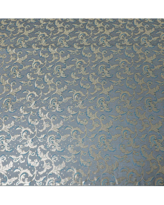 قماش شيفون حريري فرنسي (فرنساوي) فاخر باللون الأزرق البترولي مع الفيسكوز الأزرق والوركس المعدني الذهبي بتصميم الأزهار-D10586