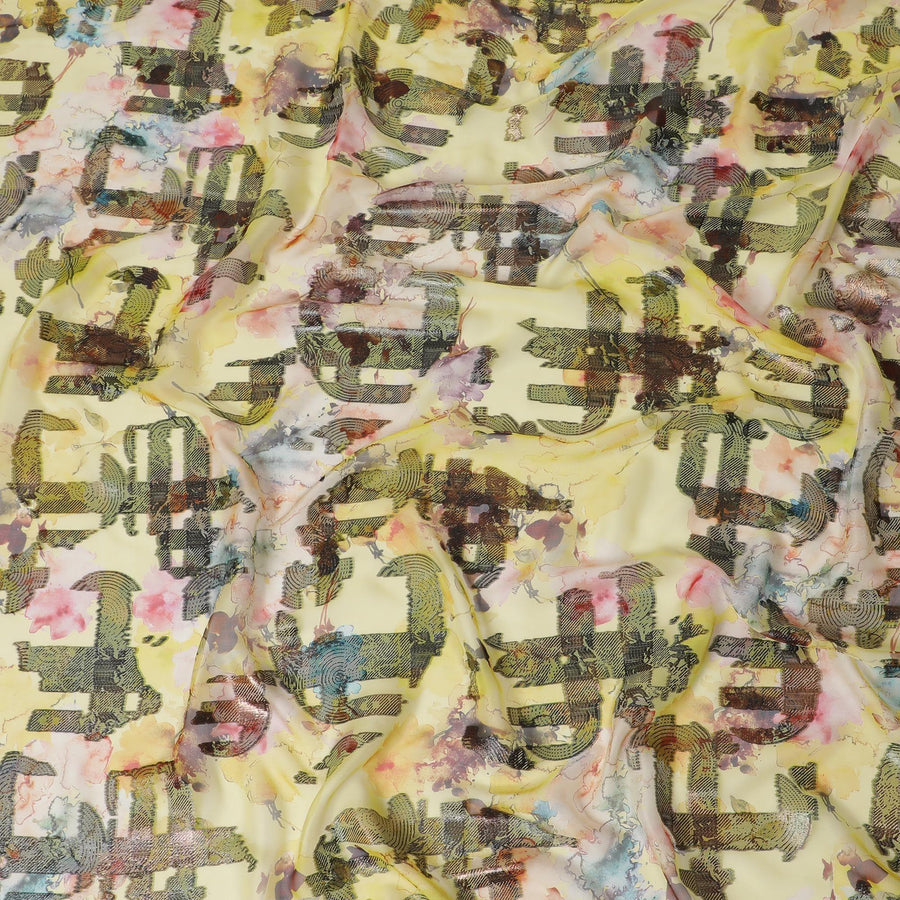 Sun flower yellow premium pure silk chiffon fabric with multicolor print and metallic lurex in Abstract design-D13736