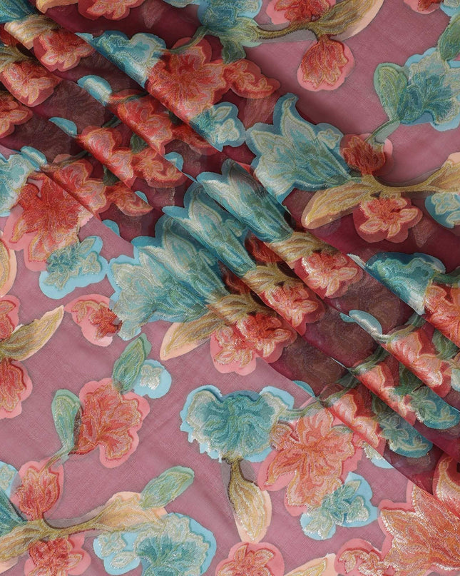 قماش شيفون حرير خالص فاخر باللون العنابي مع طباعة يدوية متعددة الألوان ولوريكس معدني بتصميم زهور-D10426