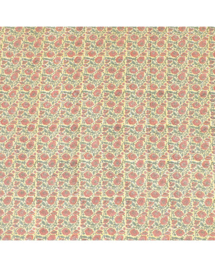 Flax yellow cotton lawn fabric with olive green, brick pink and black print in floral design-D8438 Regal Fabrics