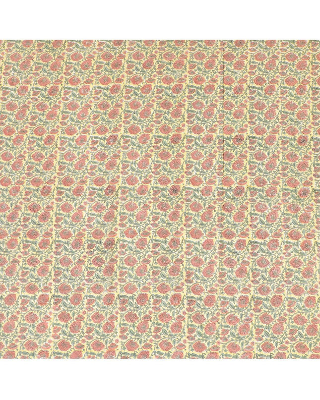 Flax yellow cotton lawn fabric with olive green, brick pink and black print in floral design-D8438 Regal Fabrics