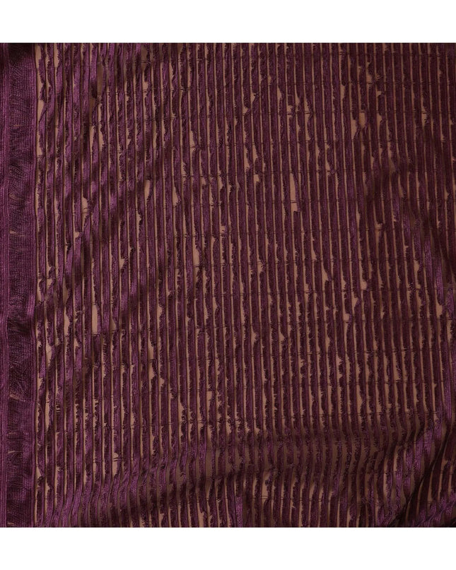 Plum fancy nylon tulle fabric with same tone embroidery in stripe design-D9183 Regal Fabrics