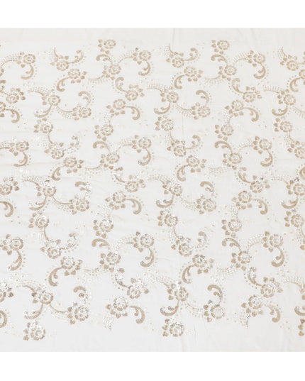 قماش شيفون من الحرير الخالص باللون الأبيض الفاتح بنفس اللون، وتطريز بالترتر بتصميم الأزهار-D13678