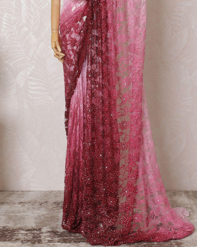 Light pink to maroon premium pure French chantilly lace saree having stone work in ombre design-D14899