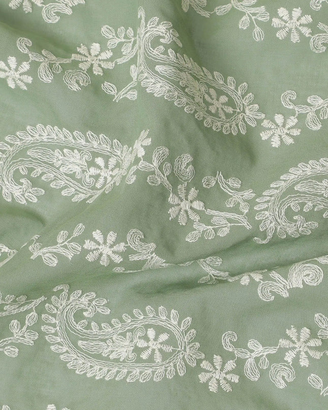 Sage green premium pure cotton voile fabric with beige embroidery in paisley design-D13636 Regal Fabrics