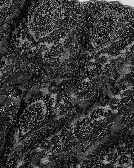 Black nylon tulle fabric with same tone, silver embroidery in fancy design-D6043