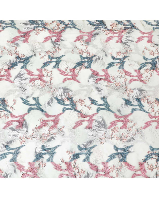 Light Laurel green synthetic chiffon fabric with multicolor print having cerise pink, silver and blue metallic lurex in abstract design-D9673