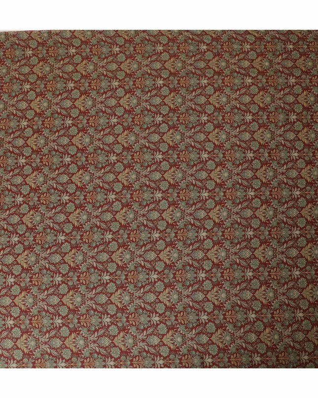 قماش ساتان صناعي بني كستنائي مع طباعة زيتونية وبيج بتصميم زهور-D9102