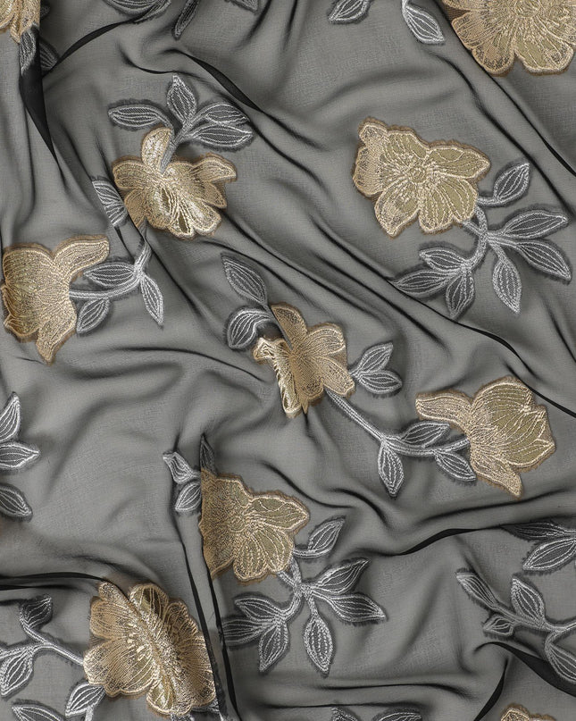 Black French silk chiffon fabric with steel grey, beige viscose and golden metallic lurex in floral design