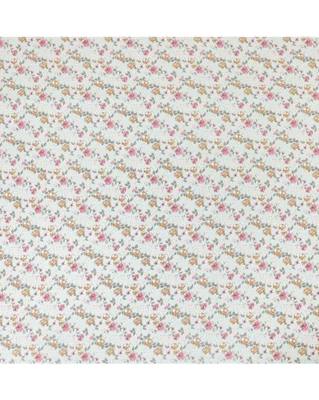 Tea green sustainable Tencel rayon fabric with sandy brown, olive green, off white and taffy pink print in floral design-D10651