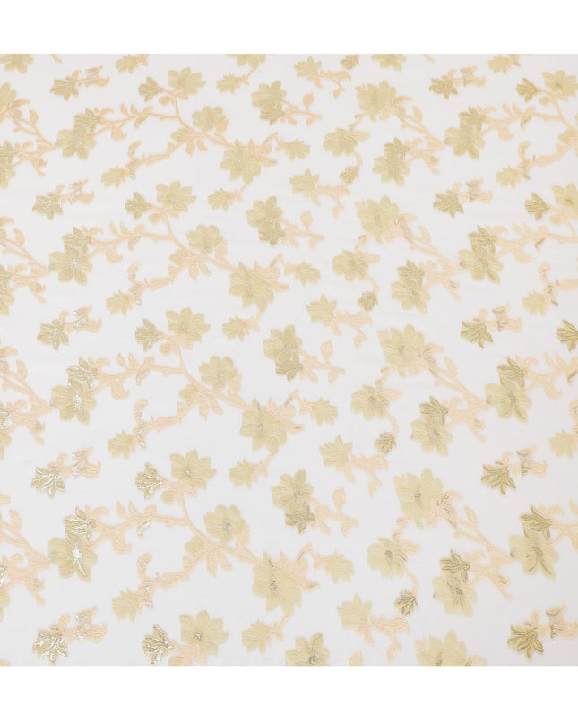 قماش شيفون حريري فرنسي (فرنساوي) فاخر باللون الأبيض الفاتح مع الخوخ والفيسكوز الذهبي مع اللوريكس المعدني الذهبي بتصميم الأزهار -D15639