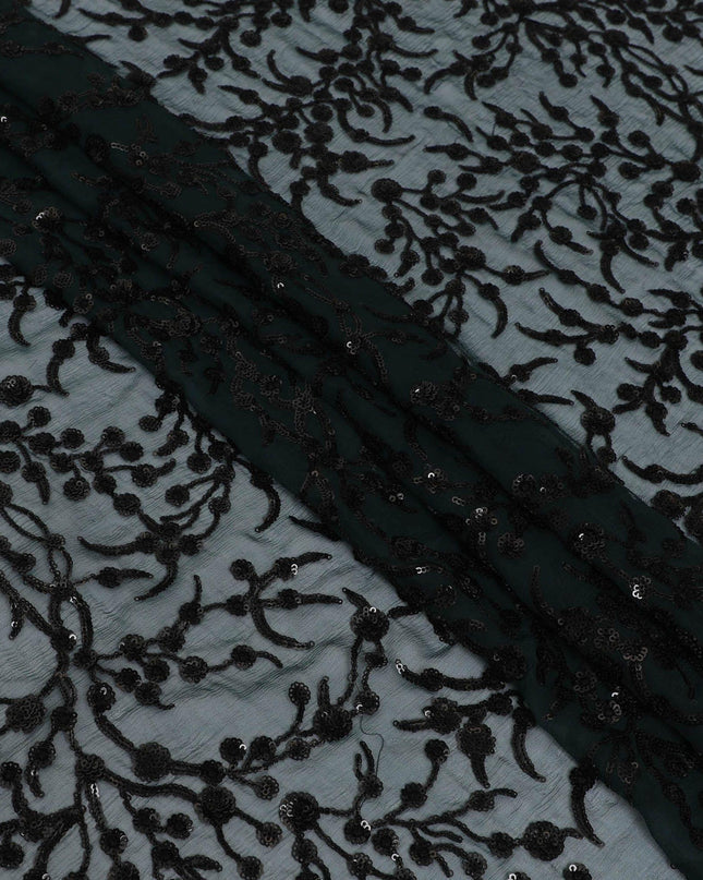 قماش شيفون من الحرير الخالص باللون الأخضر الزجاجي مع تطريز بالترتر الأسود بتصميم الأزهار-D13198