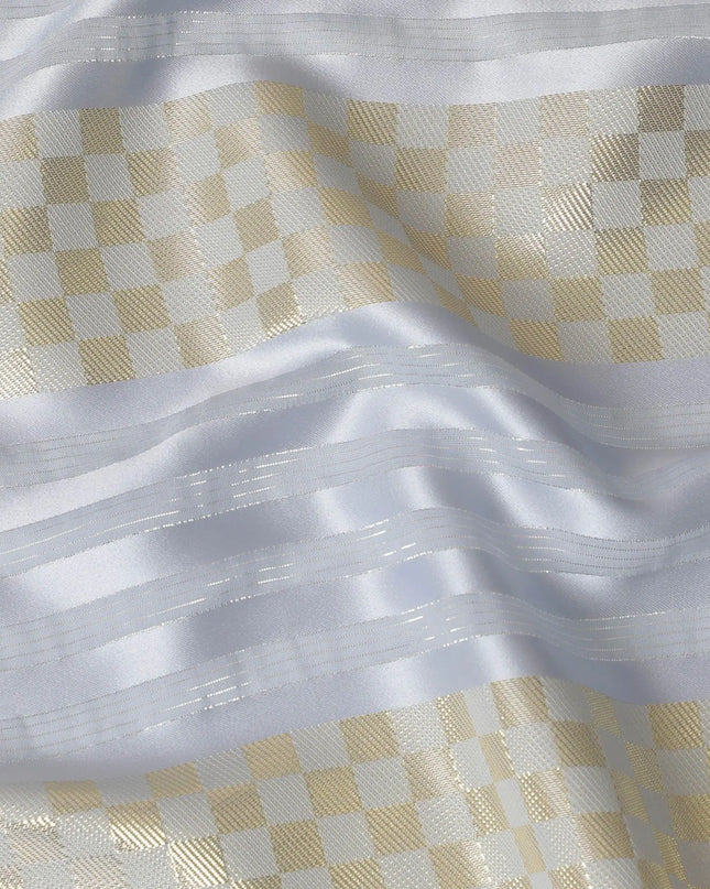 Powder blue synthetic crepe fabric with gold metallic lurex weave in stripe design-D15378 Regal Fabrics
