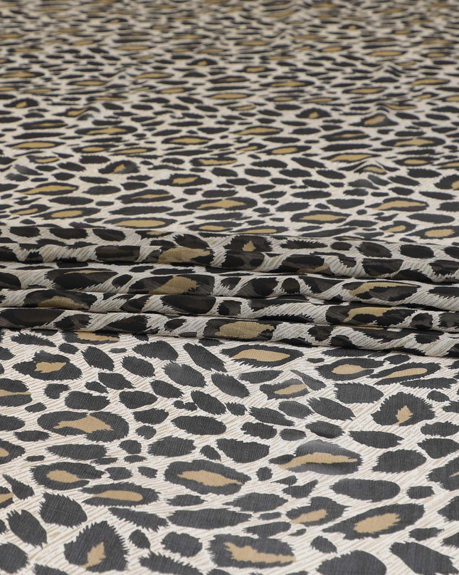 Light beige pure silk chiffon fabric with black and olive print in animal skin design-D9307