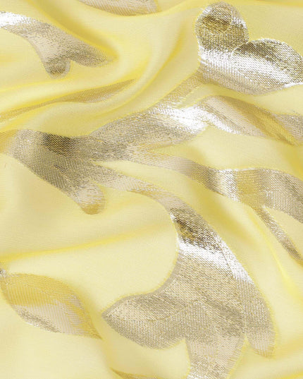 شيفون من الحرير الخالص الفاخر باللون الأصفر الجبني مع لوريكس معدني ذهبي بتصميم أوراق الشجر -D11360