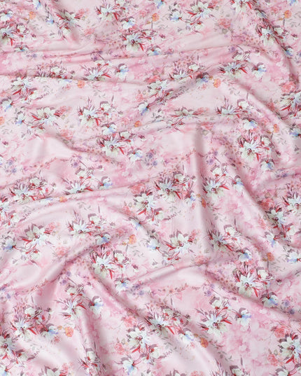Light pink cotton satin fabric with multicolor print in floral design-D15262