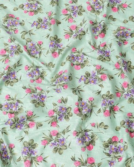 Tea green cotton voile fabric with same tone jacquard having purple, hot pink and olive green print in floral design-D6311 Regal Fabrics