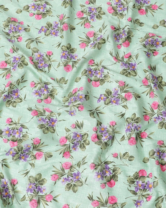 Tea green cotton voile fabric with same tone jacquard having purple, hot pink and olive green print in floral design-D6311 Regal Fabrics