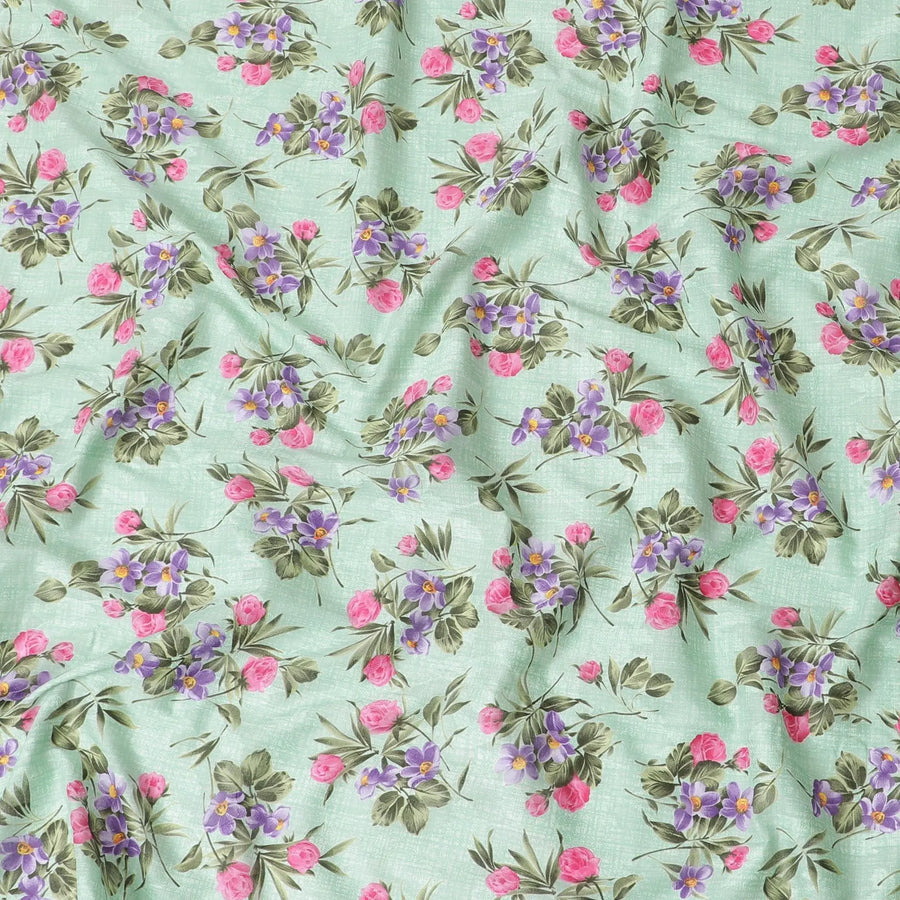 Tea green cotton voile fabric with same tone jacquard having purple, hot pink and olive green print in floral design-D6311 Regal Fabrics
