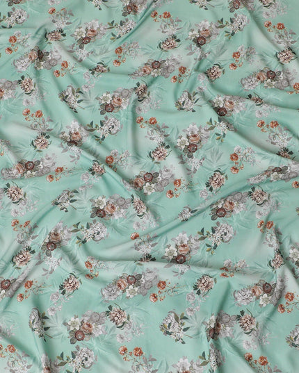 Turquoise green synthetic crepe fabric with multicolor print having stone work in floral design-D15313 - Regal Fabrics