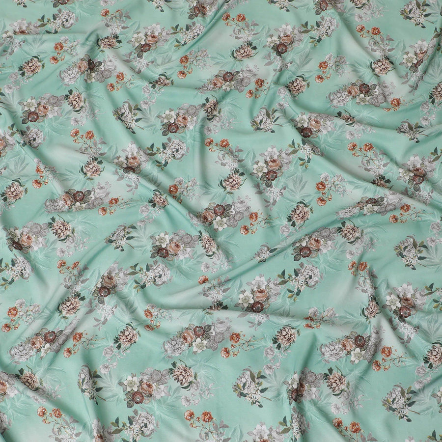 Turquoise green synthetic crepe fabric with multicolor print having stone work in floral design-D15313 - Regal Fabrics