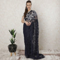 Navy blue, blue Premium French chantilly lace saree in floral design-D11458 Regal Fabrics