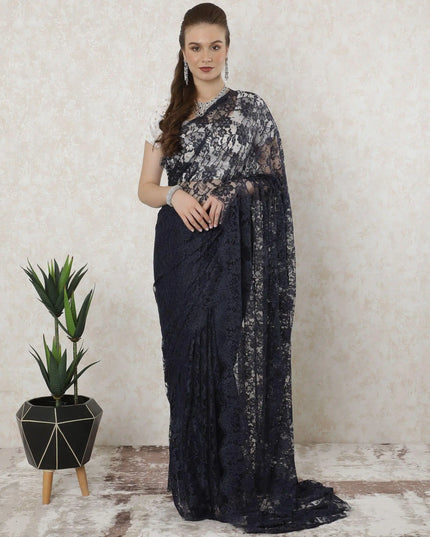 Navy blue, blue Premium French chantilly lace saree in floral design-D11458 Regal Fabrics