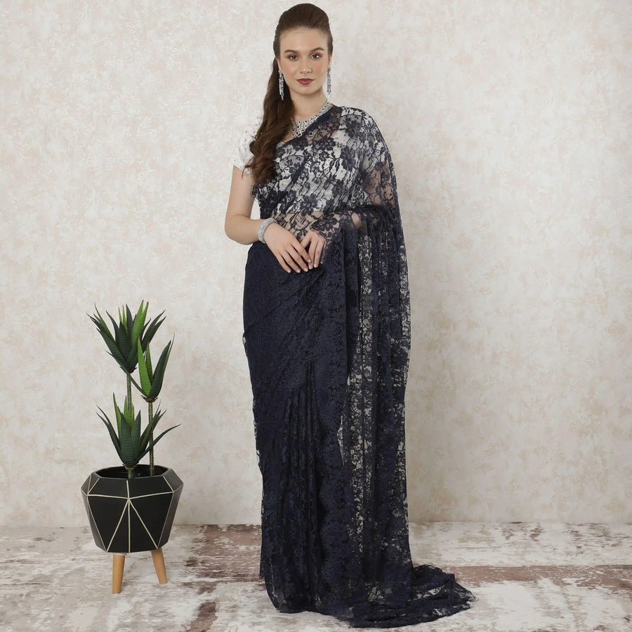 Navy blue, blue Premium French chantilly lace saree in floral design-D11458 Regal Fabrics