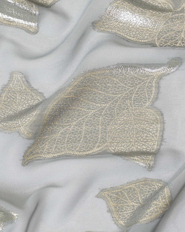 قماش شيفون من الحرير الخالص باللون الرمادي الحجري مع لوريكس معدني ذهبي بتصميم Leaf-D9716
