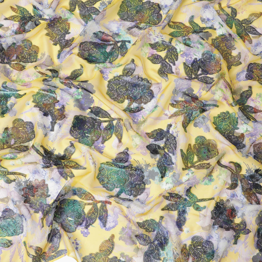 قماش شيفون من الحرير الخالص باللون الأصفر الخردلي مع طباعة متعددة الألوان ولوريكس معدني متعدد الألوان بتصميم زهور-D9738