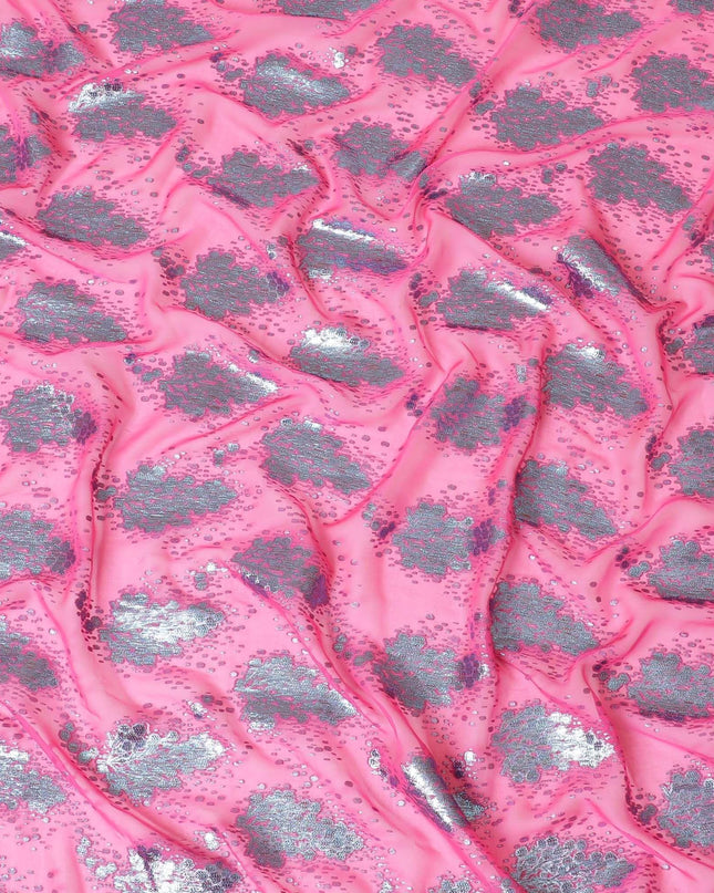 Hot Pink silk chiffon fabric with baby blue and copper metallic lurex in floral design-D8046