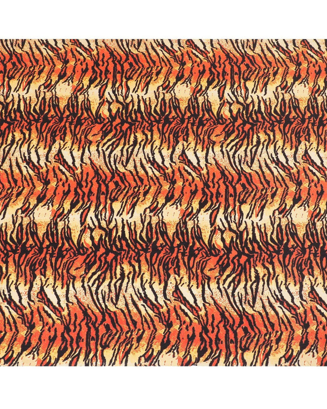 Beige premium pure silk crepe fabric with orange and black print in animal skin design-D9389