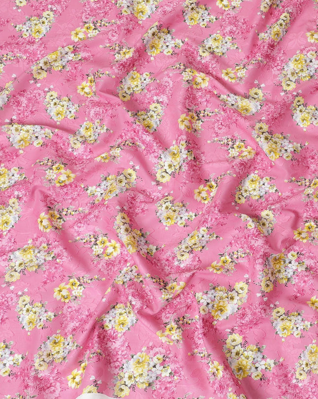 Hot Pink uragiri cotton voile fabric with same tone jacquard having multicolor print in floral design-D10062