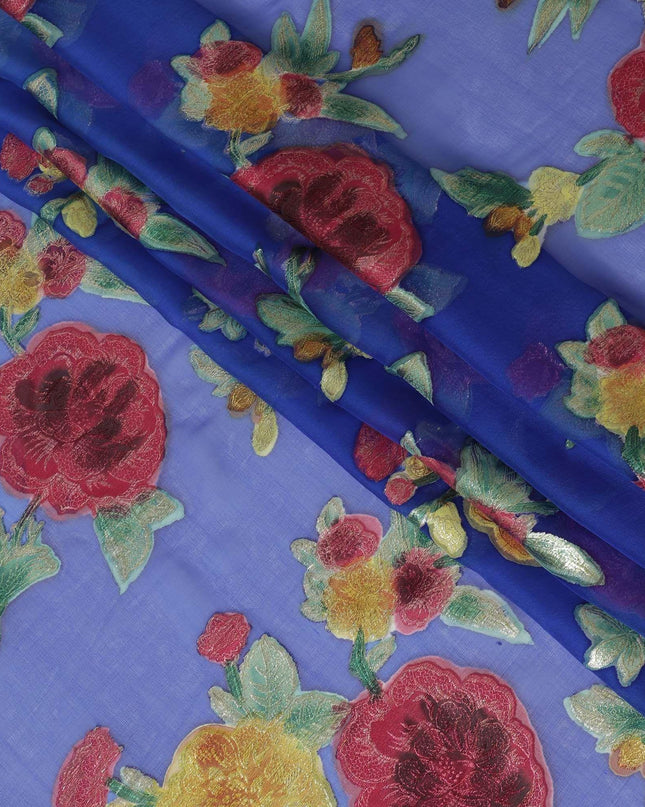 قماش شيفون من الحرير الخالص باللون الأزرق الملكي مع لوركس معدني متعدد الألوان بتصميم زهور -D10777