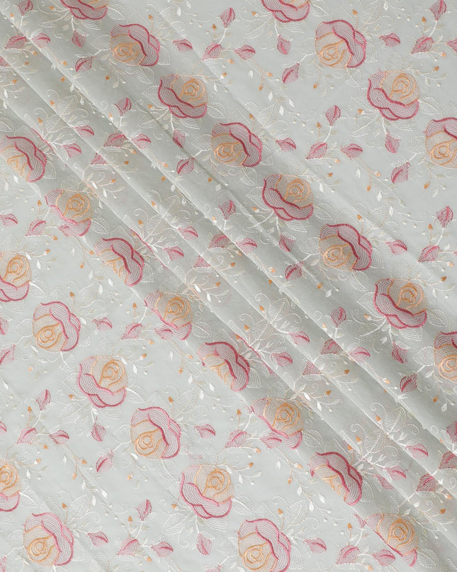 قماش فوال من القطن الخالص الفاخر باللون الأخضر الغار مع تطريز باللون الخوخي والوردي القرميدي والبيج بتصميم الأزهار-D15252