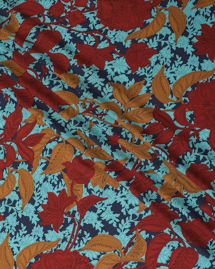 Blue premium Italian viscose fabric with multicolor print in floral design-D12532