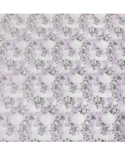 Off white synthetic crepe fabric with light lilac and turquoise green print having stone work in floral design-D15306 - Regal Fabrics
