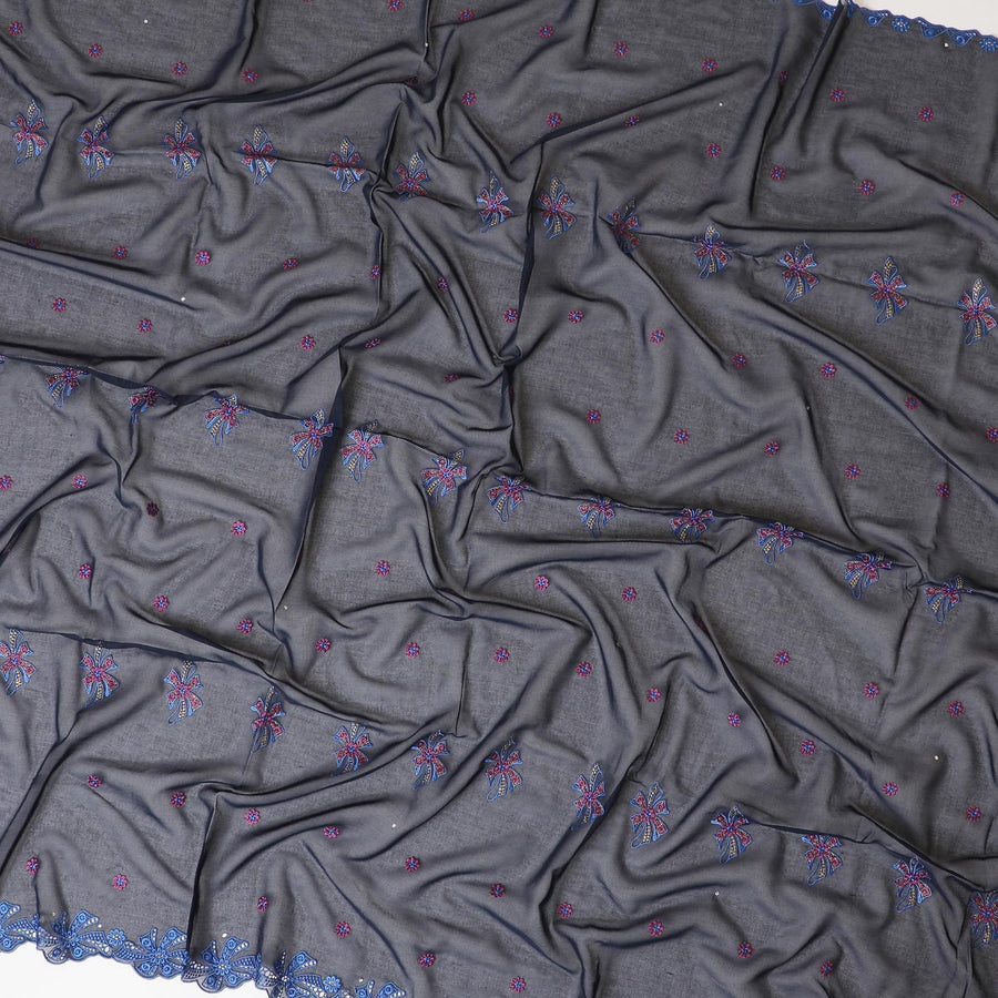 Dark Navy blue Premium Swiss cotton voile (Thobe) fabric with blue, pink and gold embroidery having stone work in floral design-D7997