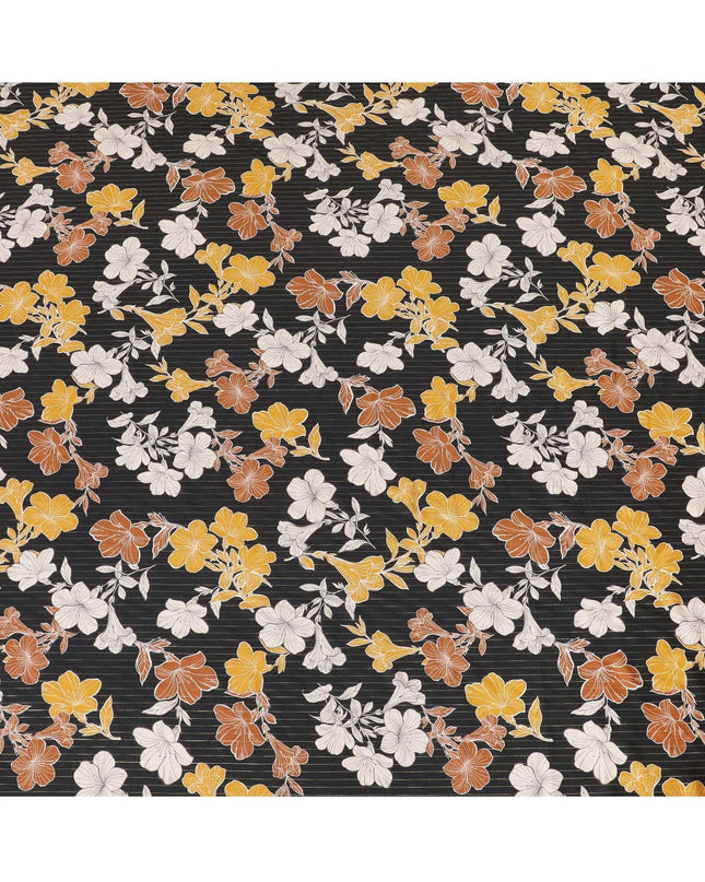 Black viscose crepe printed fabric with multi colour prints and metallic lurex in floral design-D11163