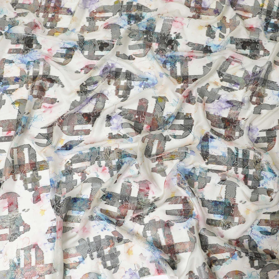 قماش شيفون من الحرير الخالص باللون الأبيض الفاتح مع طباعة متعددة الألوان ولوريكس معدني بتصميم تجريدي-D10046