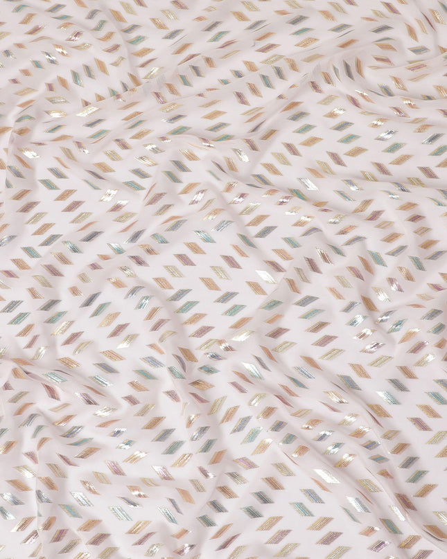 Light pink Premium pure silk chiffon fabric with multicolor metallic lurex in geometric design-D13135